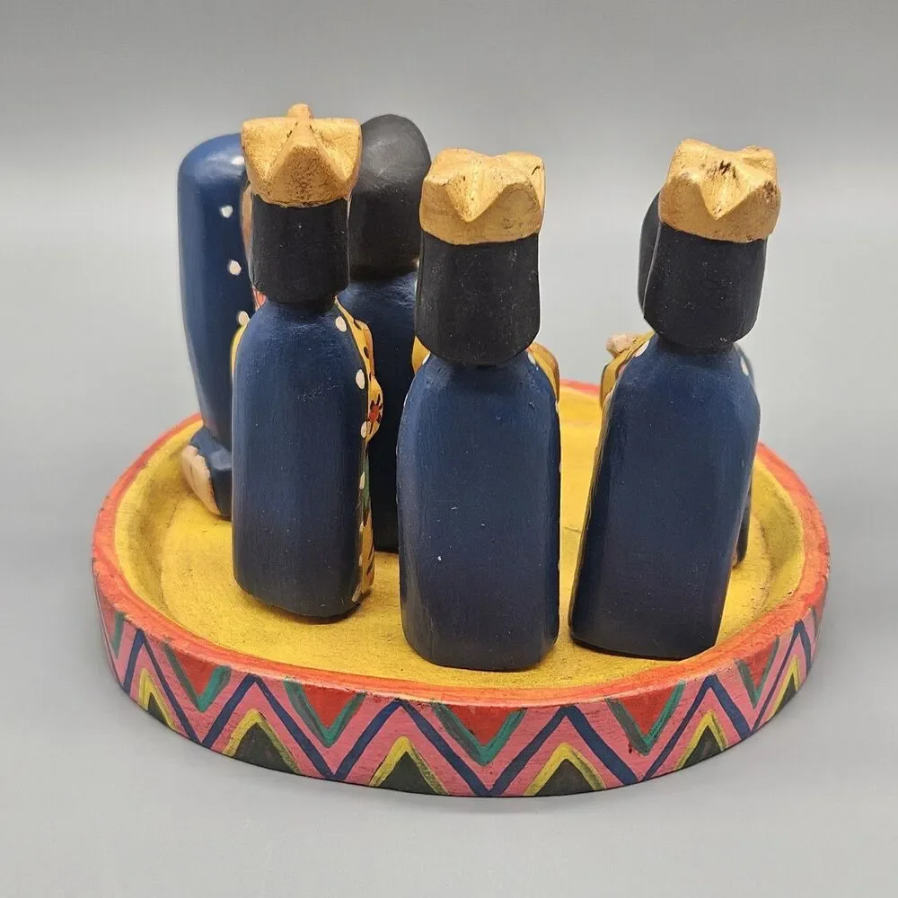 Handpainted Wooden Nativity Set Folk Art Colorful Table Piece Handcarved Mexico